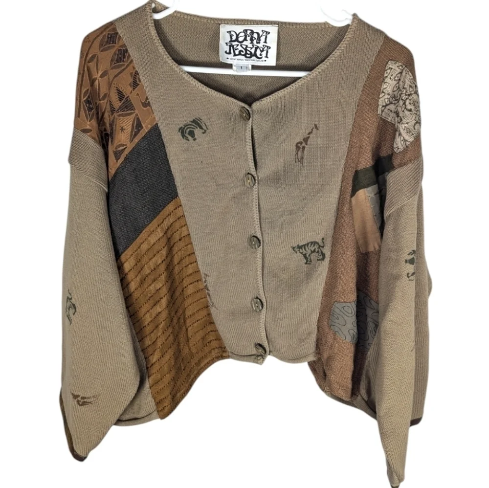Vintage Donna Jessica Abstract Jungle Safari patchwork mismatch cardigan size 1
